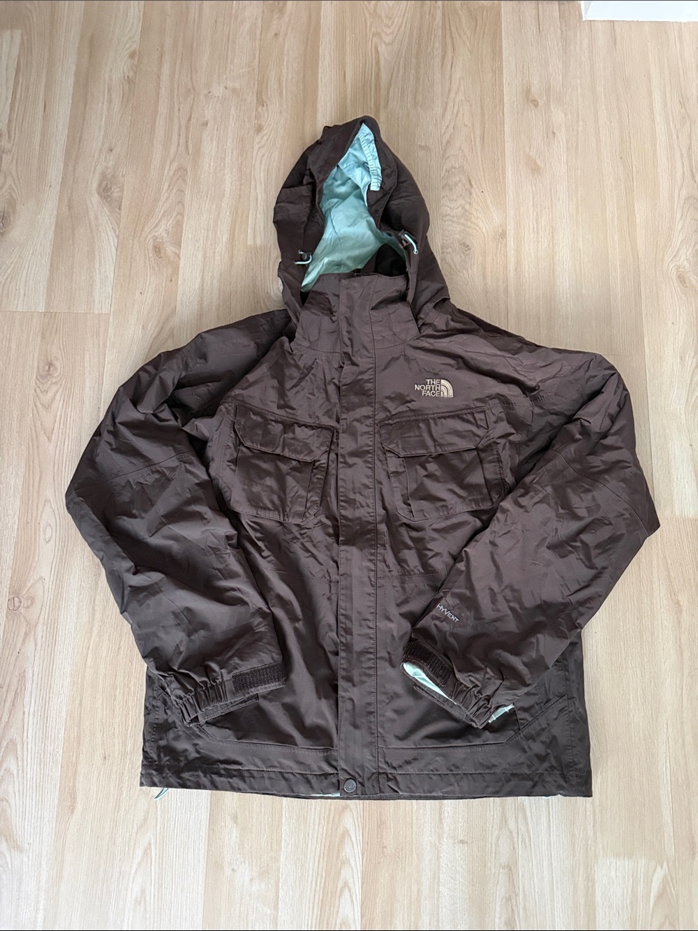 The North Face Brown Hooded Raincoat with Mint Lining